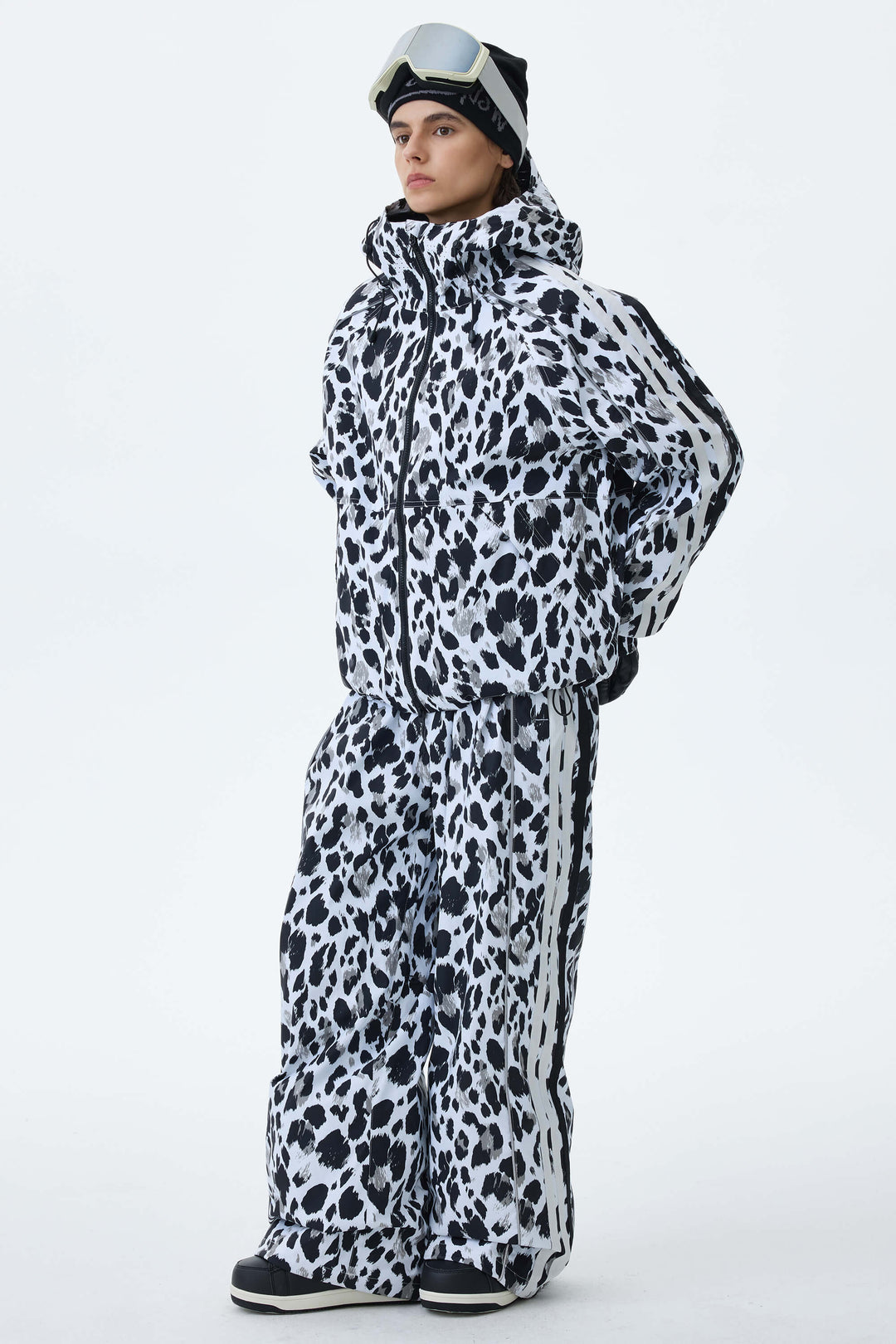 Women's Mono Leopard Retro Track Stripe Reflective Snow Jacket