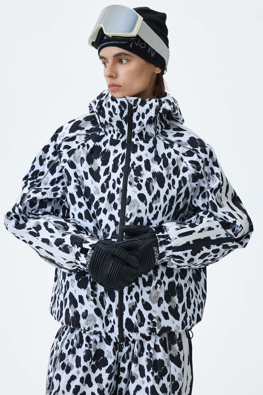 Women's Mono Leopard Retro Track Stripe Reflective Snow Jacket