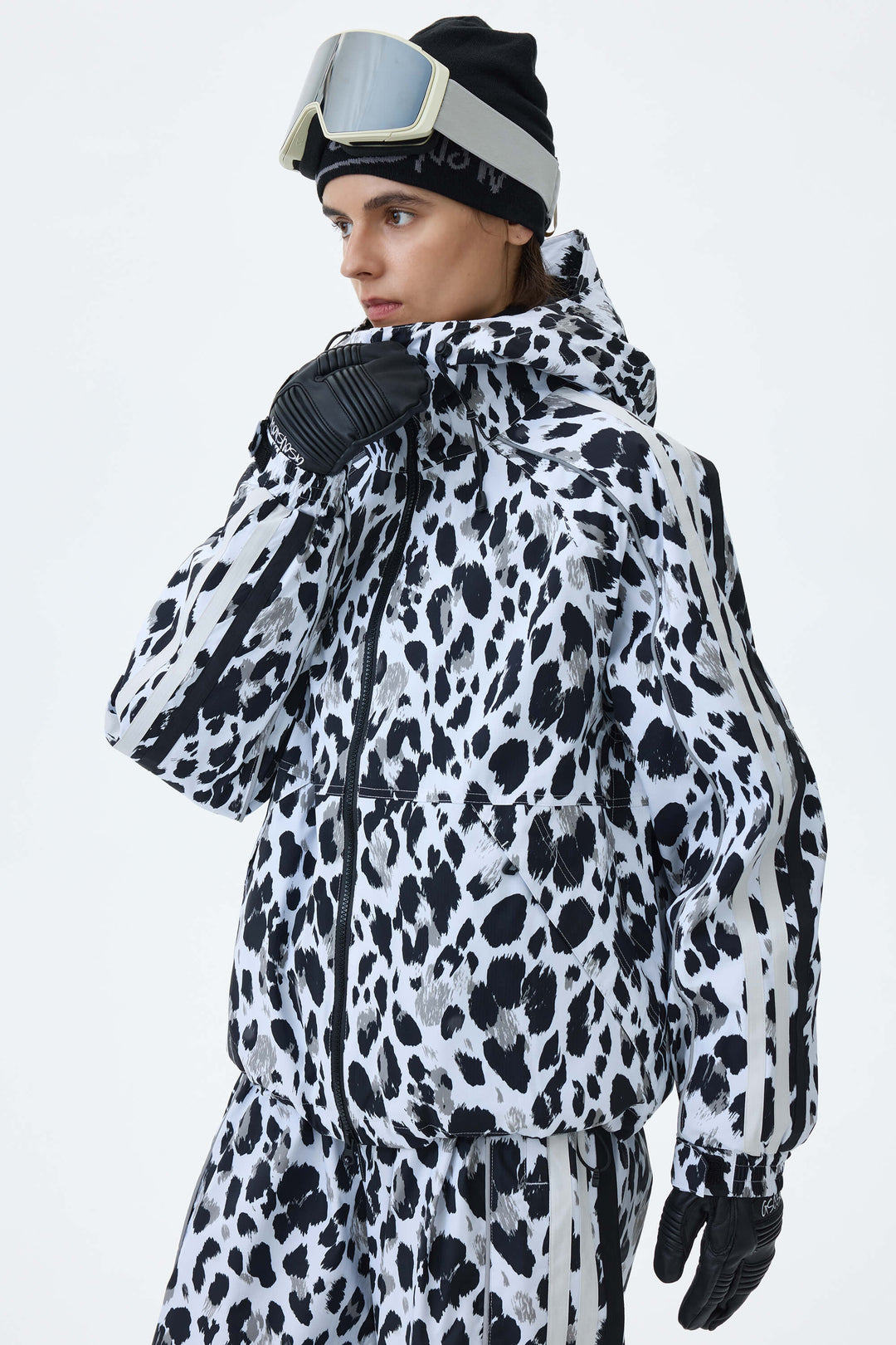 Women's Mono Leopard Retro Track Stripe Reflective Snow Jacket