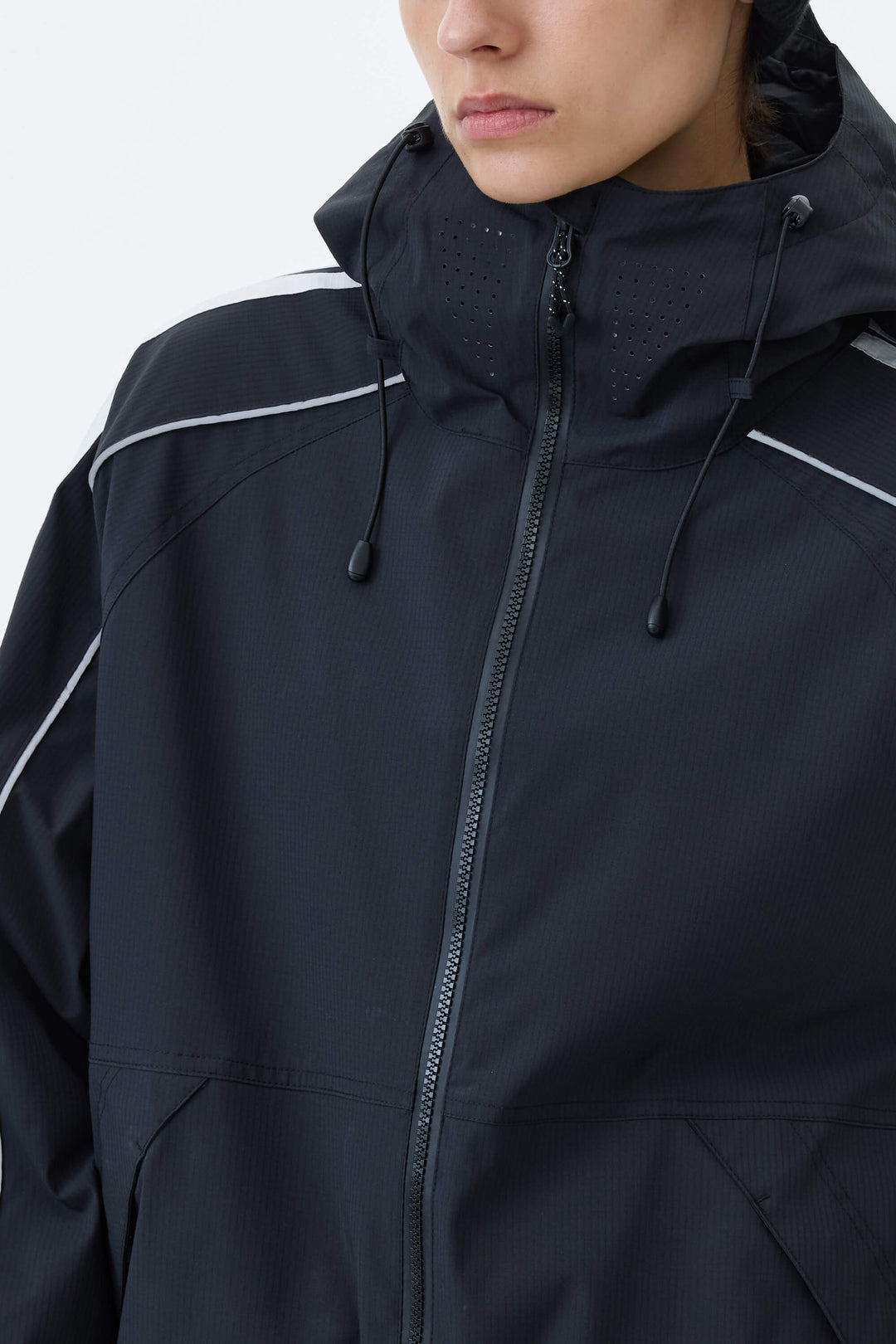 Women's Black Retro Track Stripe Reflective Snow Jacket