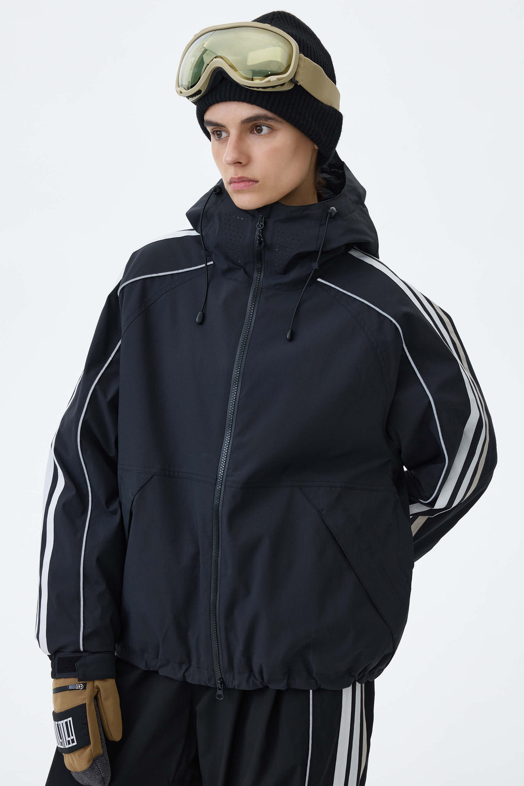 Women's Black Retro Track Stripe Reflective Snow Jacket