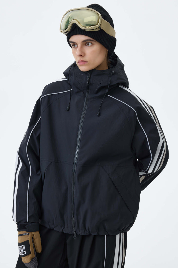 Women's Black Retro Track Stripe Reflective Snow Jacket