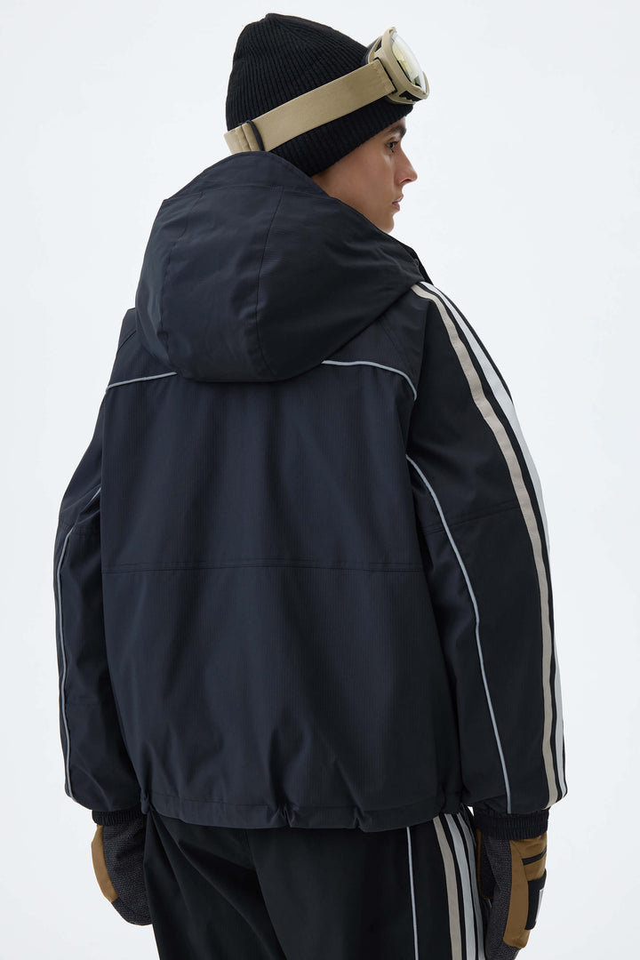 Women's Black Retro Track Stripe Reflective Snow Jacket