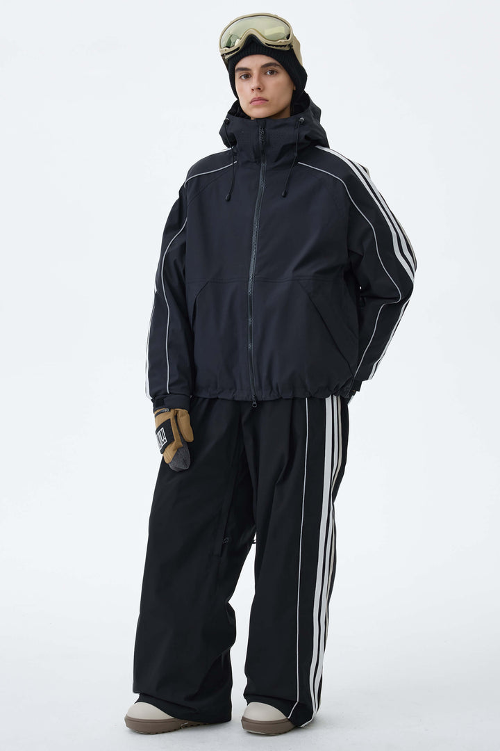 Women's Black Retro Track Stripe Reflective Snow Jacket