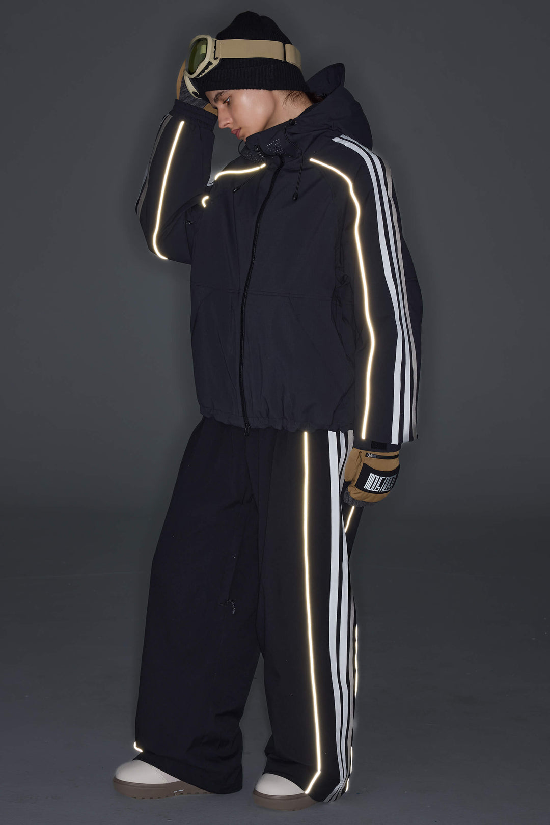 Women's Black Retro Track Stripe Reflective Snow Jacket
