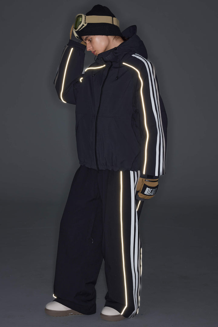 Women's Black Retro Track Stripe Reflective Snow Jacket