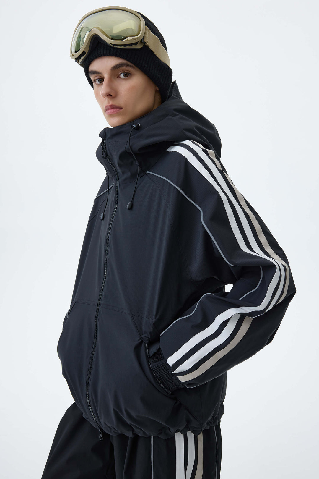 Women's Black Retro Track Stripe Reflective Snow Jacket