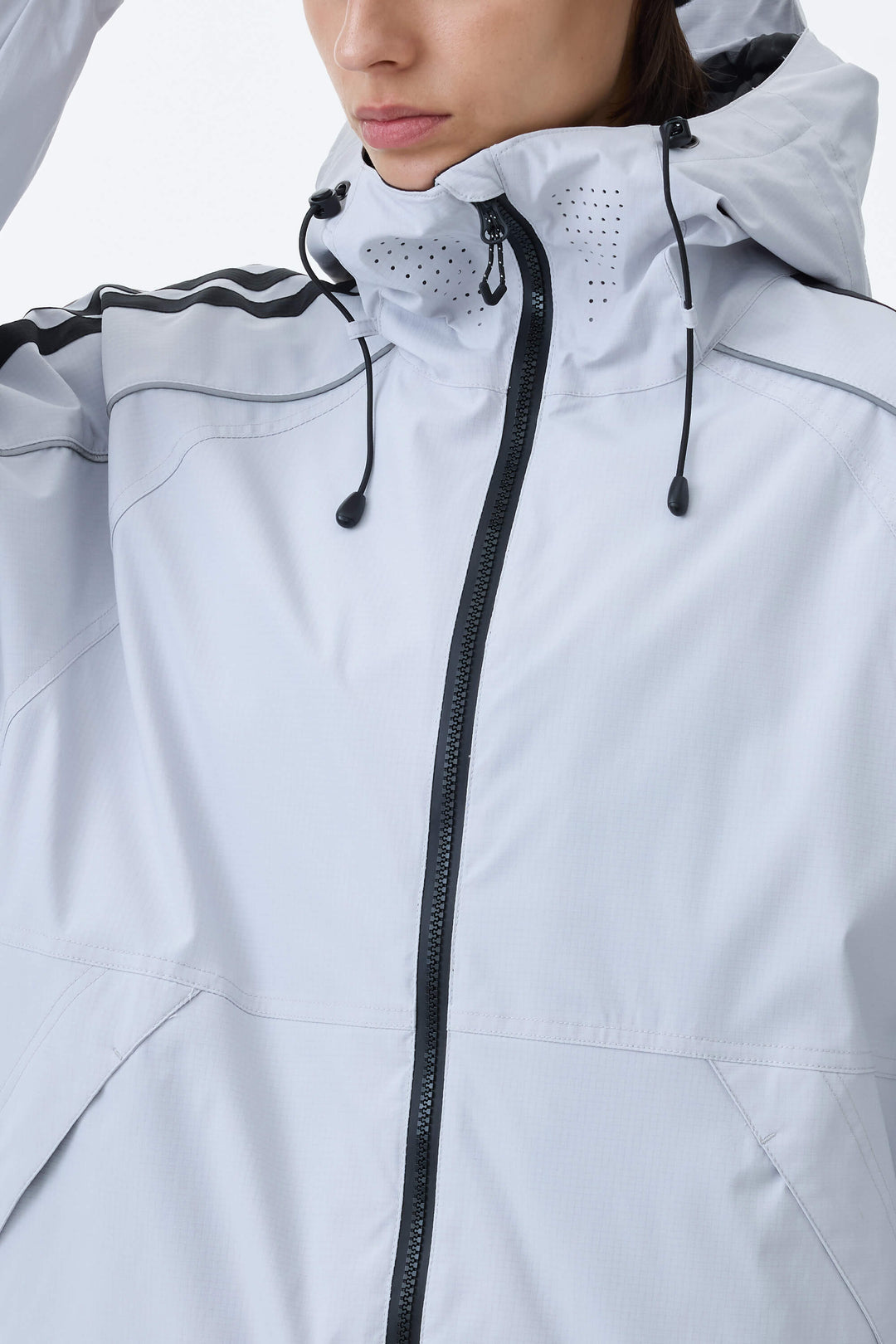 Women's Light Gray Retro Track Stripe Reflective Snow Jacket