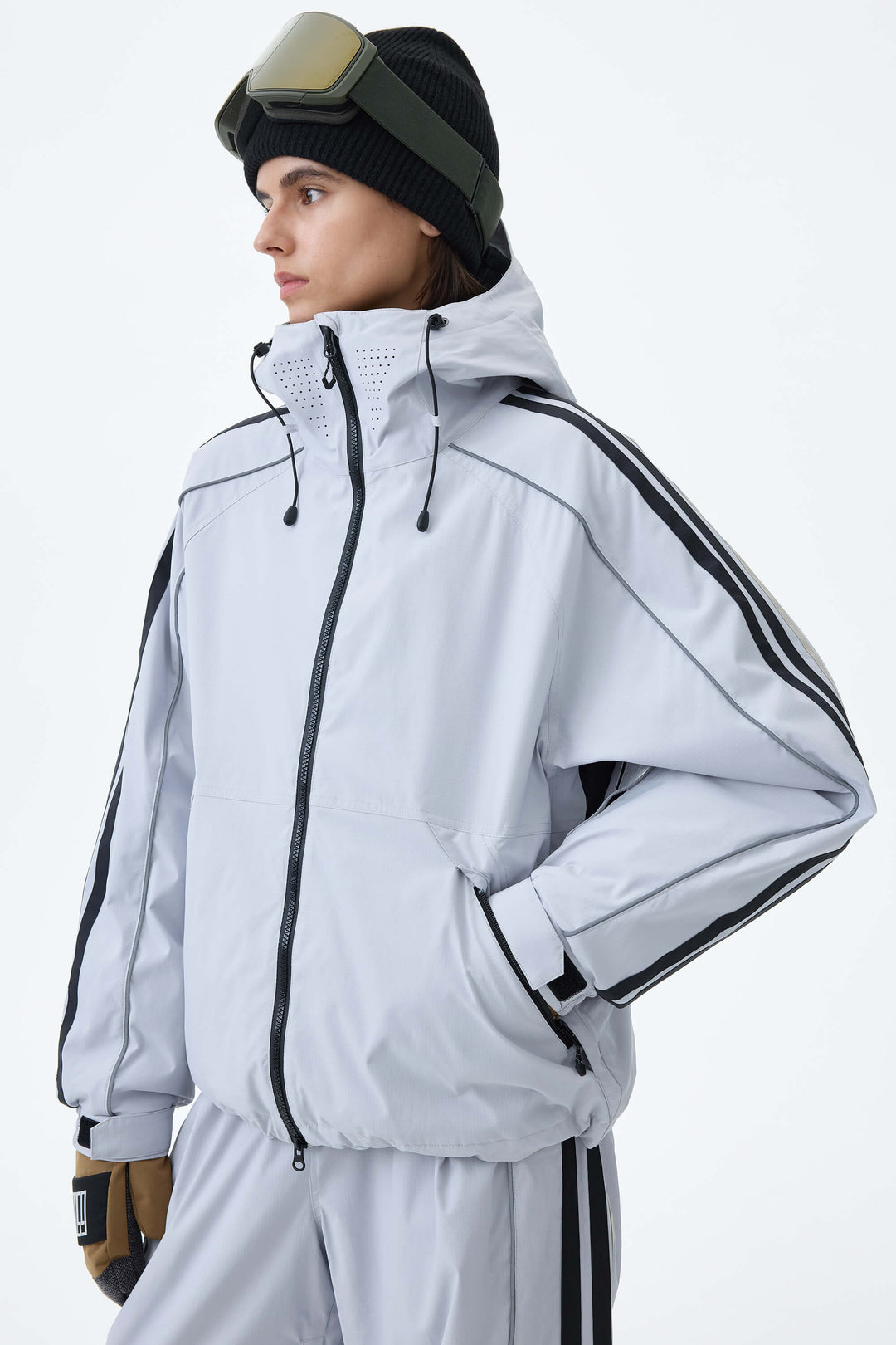 Women's Light Gray Retro Track Stripe Reflective Snow Jacket
