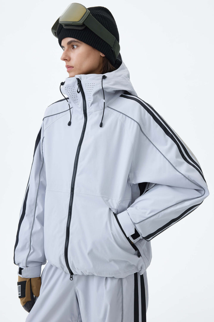 Women's Light Gray Retro Track Stripe Reflective Snow Jacket