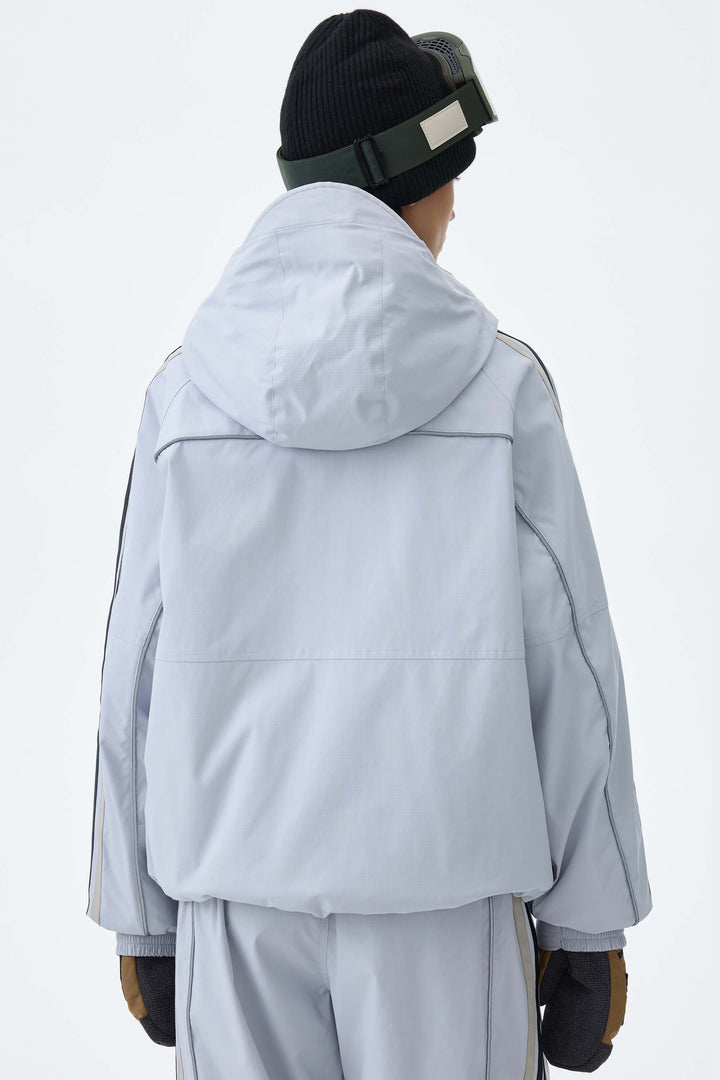 Women's Light Gray Retro Track Stripe Reflective Snow Jacket