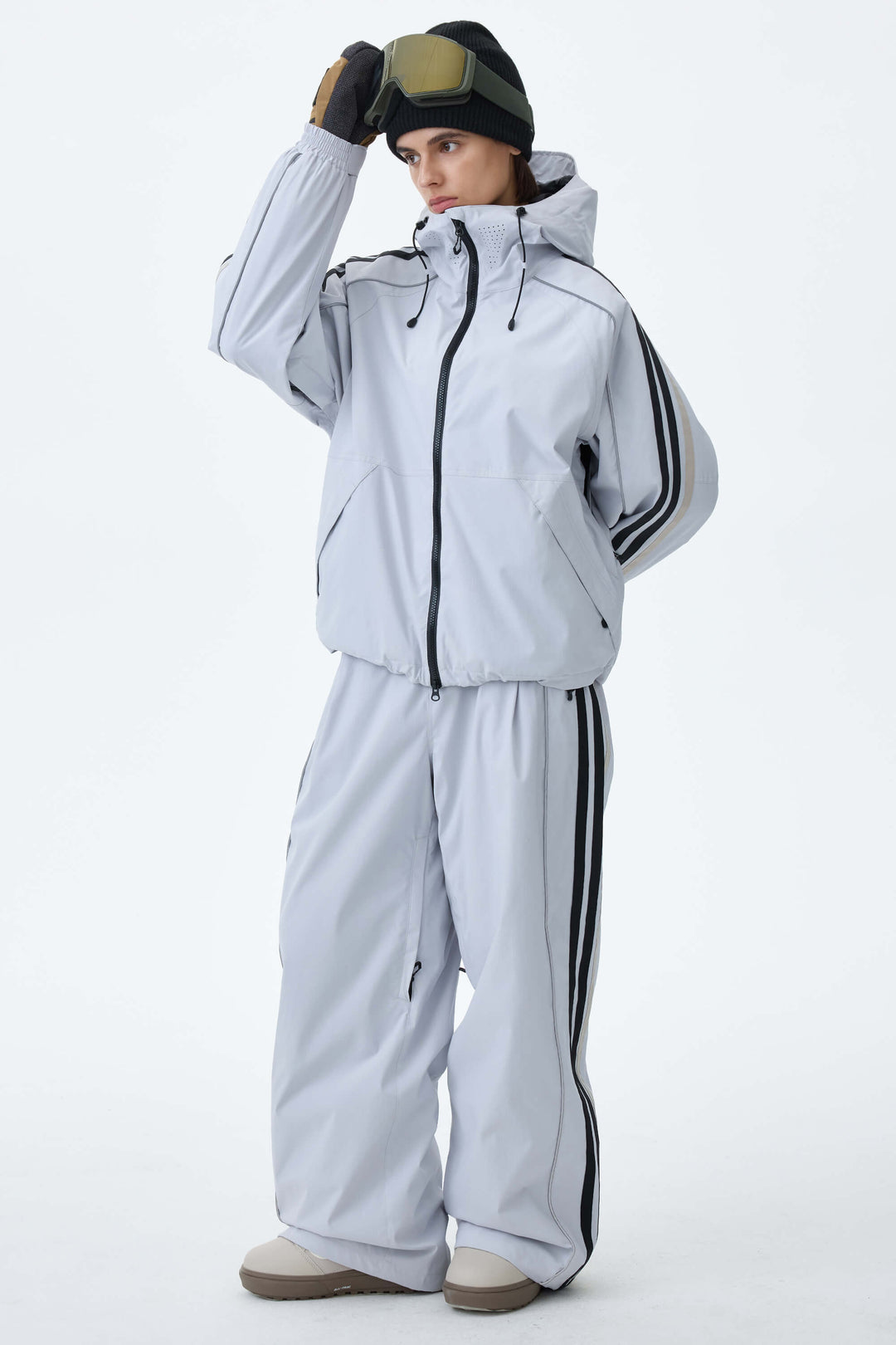 Women's Light Gray Retro Track Stripe Reflective Snow Jacket