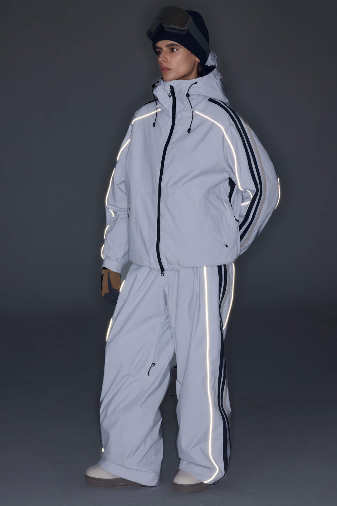 Women's Light Gray Retro Track Stripe Reflective Snow Jacket