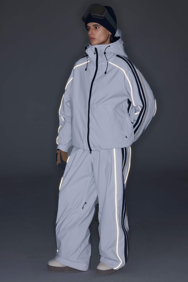 Women's Light Gray Retro Track Stripe Reflective Snow Jacket
