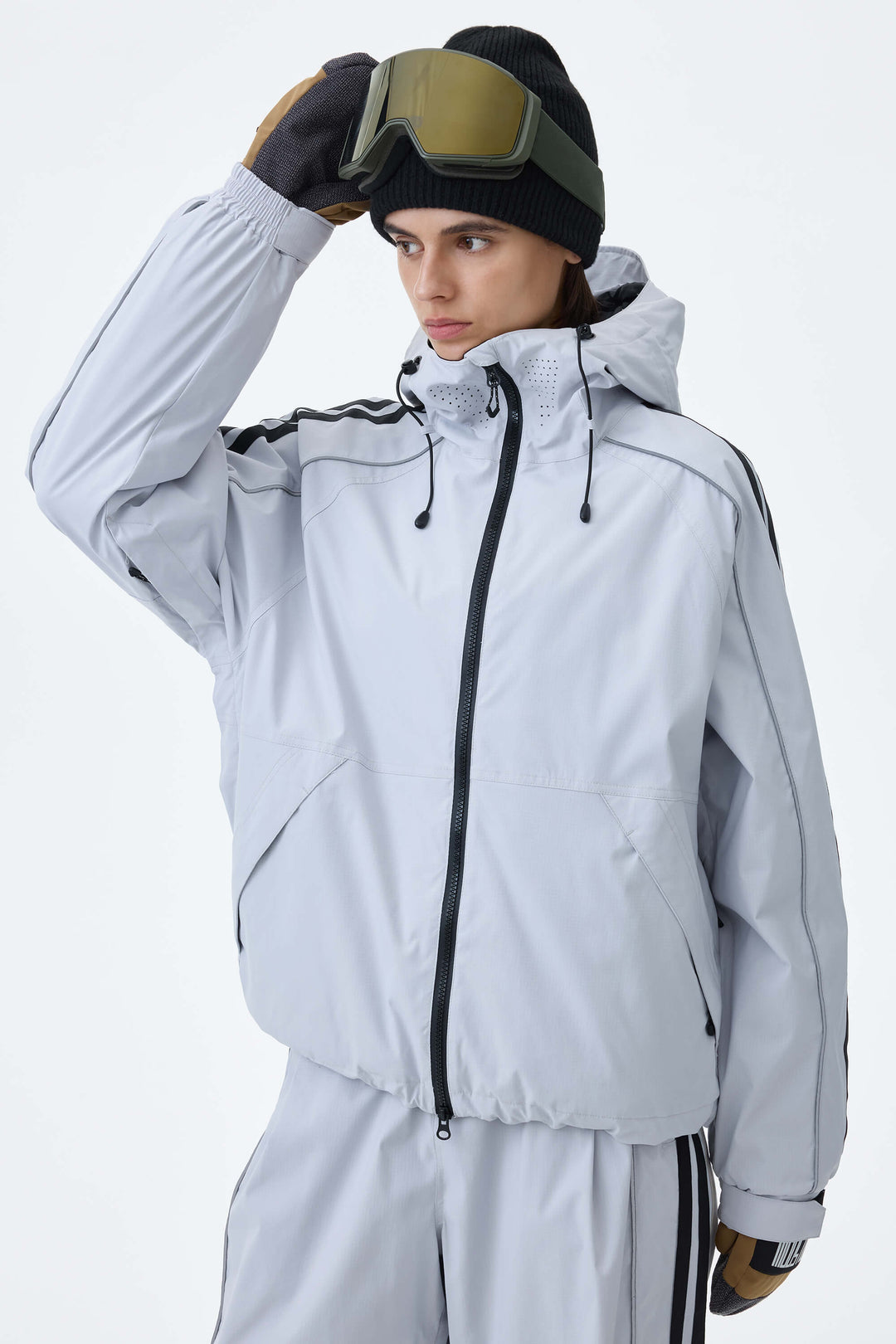 Women's Light Gray Retro Track Stripe Reflective Snow Jacket