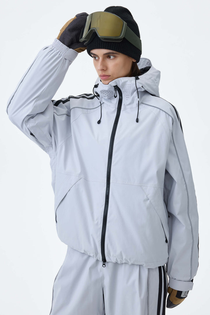Women's Light Gray Retro Track Stripe Reflective Snow Jacket