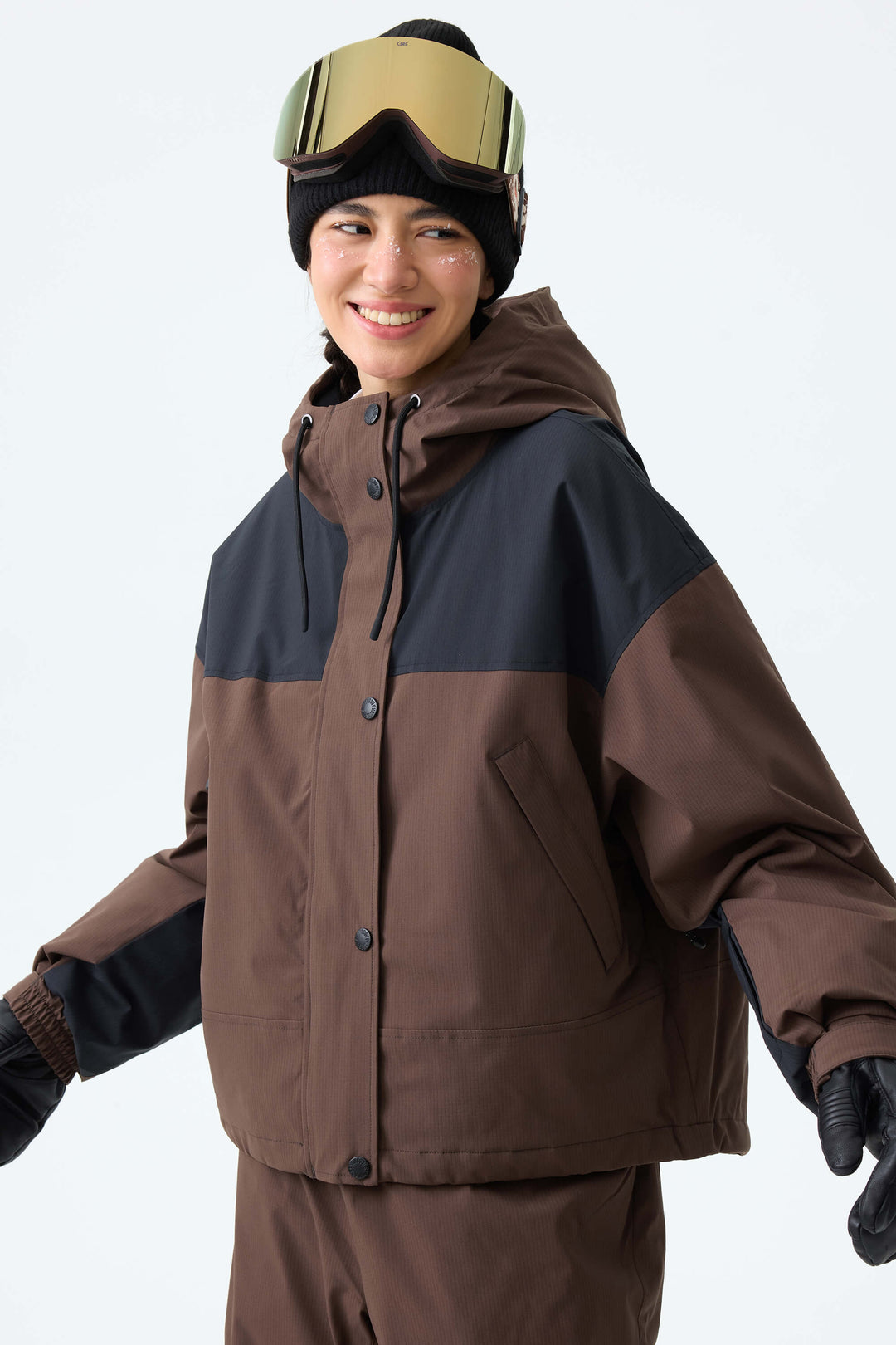 Women's Brown & Black Contrast-Yoke Insulated Snowboard Jackets