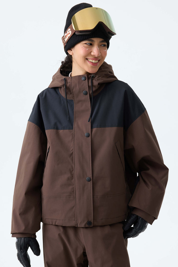 Women's Brown & Black Contrast-Yoke Insulated Snowboard Jackets
