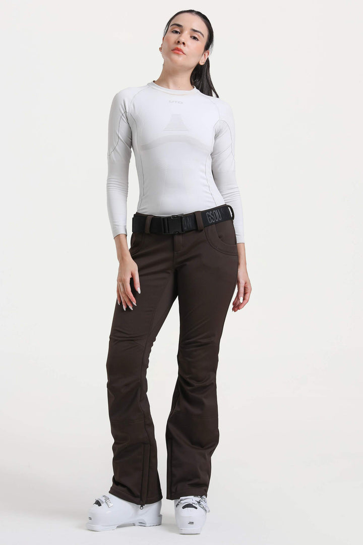 Naisten tummanruskeat, kapeat, vedenpitävät ja levenevät hiihtohousut