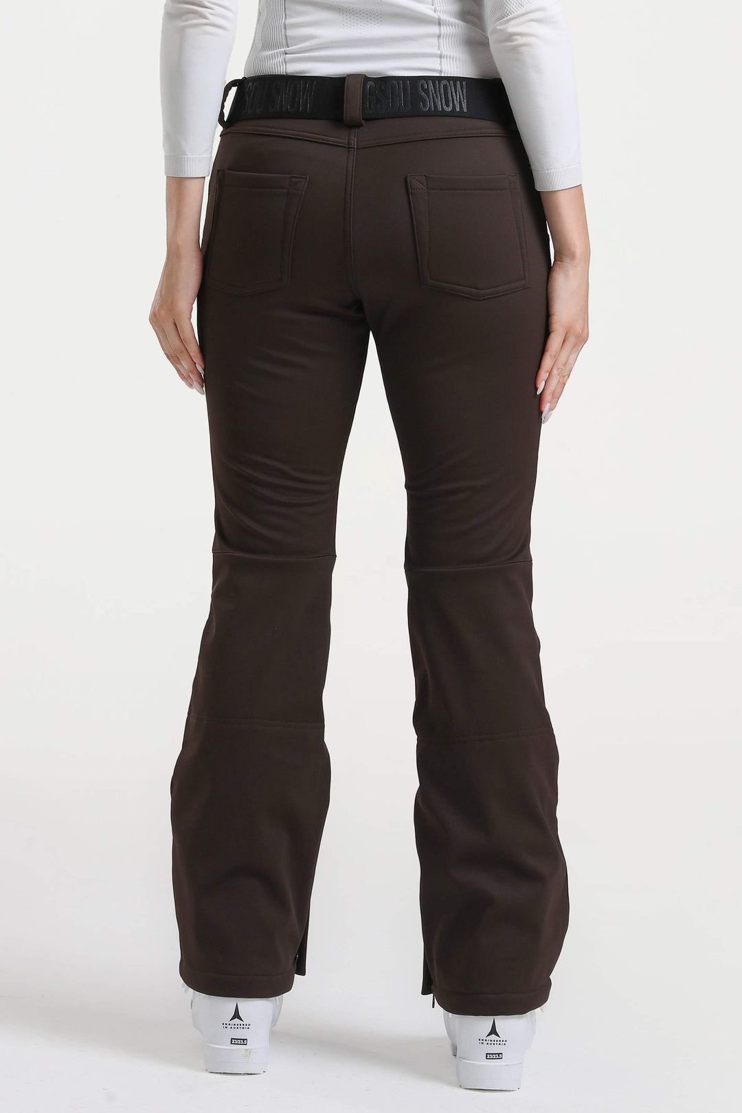 Naisten tummanruskeat, kapeat, vedenpitävät ja levenevät hiihtohousut