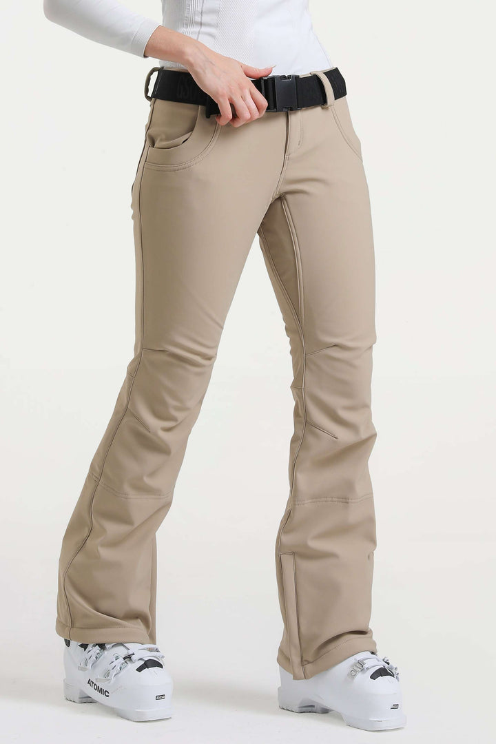 Naisten tummanruskeat, kapeat, vedenpitävät ja levenevät hiihtohousut