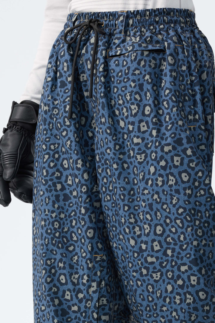 Women's Indigo Leopard Baggy Drawstring Durable Snow Pants
