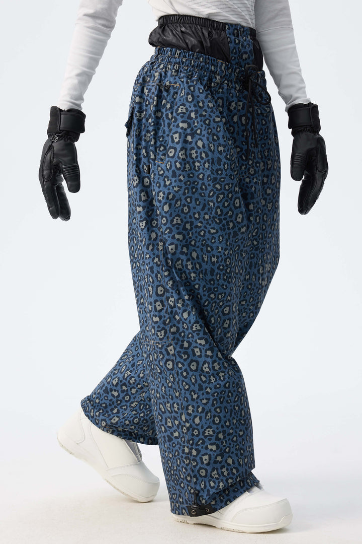 Women's Indigo Leopard Baggy Drawstring Durable Snow Pants