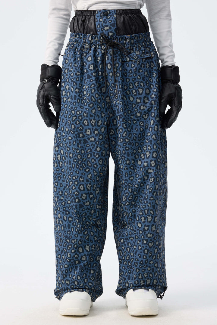 Women's Indigo Leopard Baggy Drawstring Durable Snow Pants