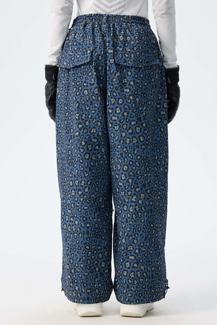 Women's Indigo Leopard Baggy Drawstring Durable Snow Pants