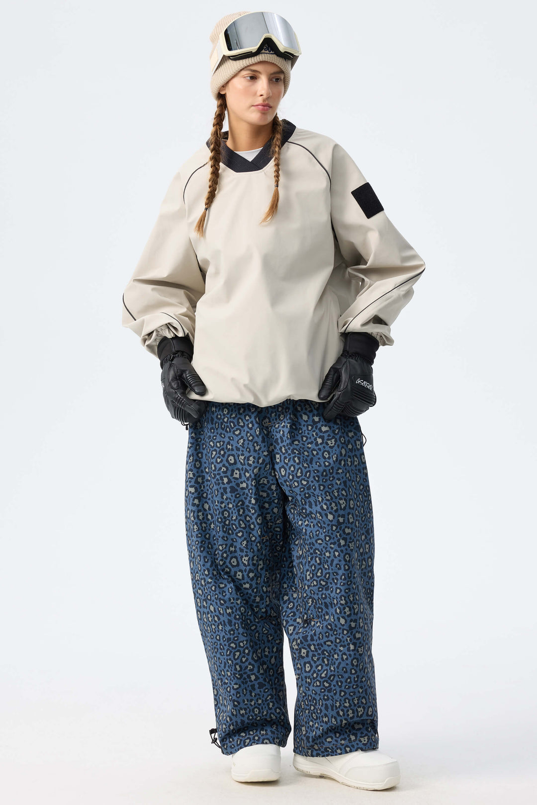 Women's Indigo Leopard Baggy Drawstring Durable Snow Pants