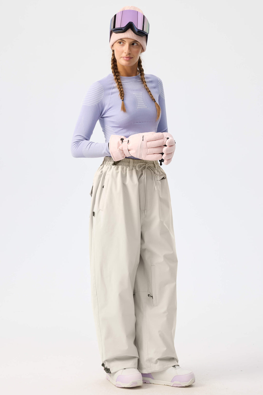 Women's Off White Baggy Drawstring Durable Snow Pants