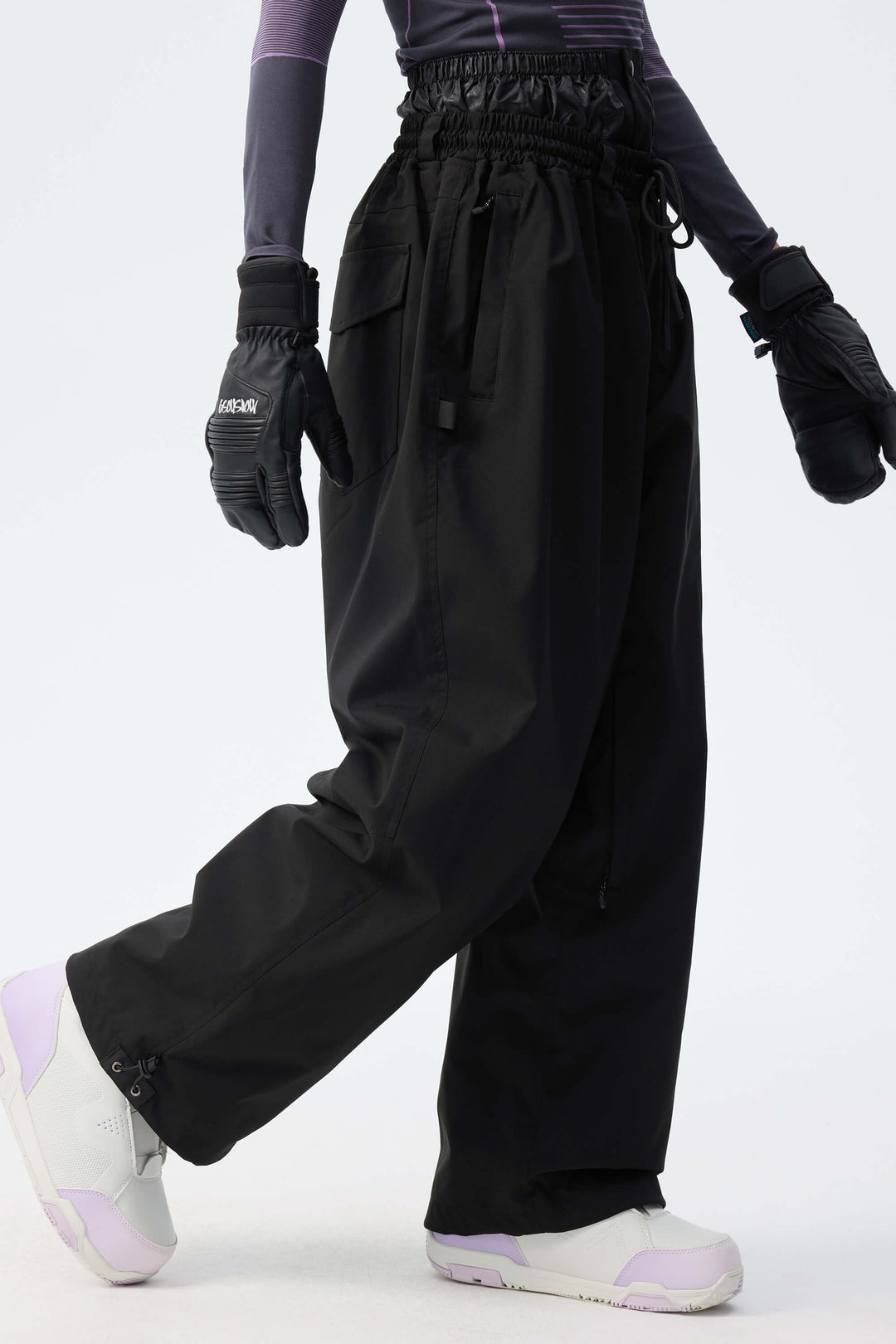 Women's Black Baggy Drawstring Durable Snow Pants