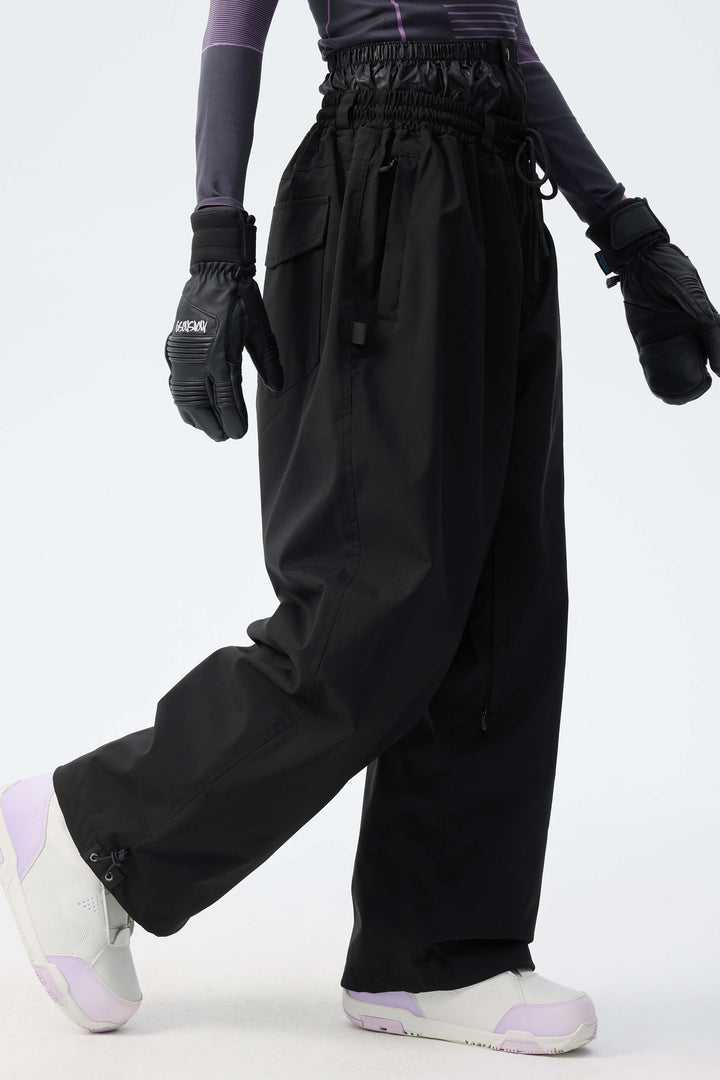 Women's Black Baggy Drawstring Durable Snow Pants