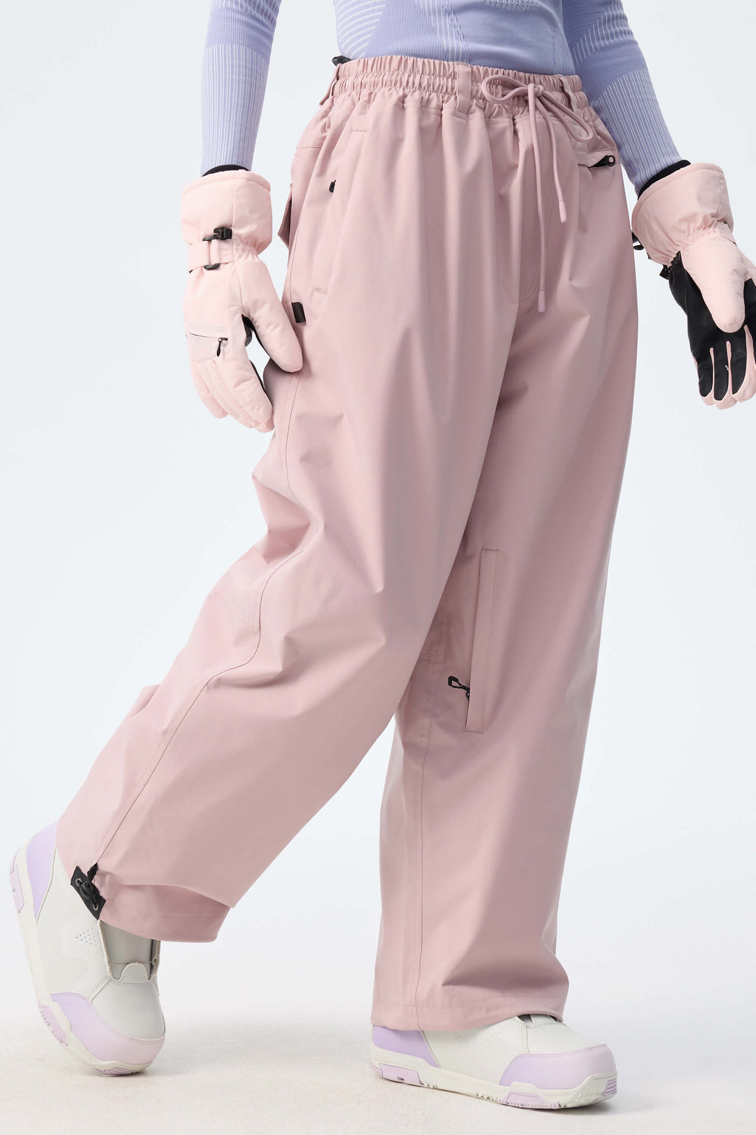 Women's Pink Baggy Drawstring Durable Snow Pants