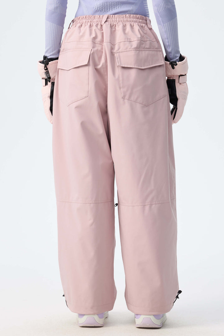 Women's Pink Baggy Drawstring Durable Snow Pants