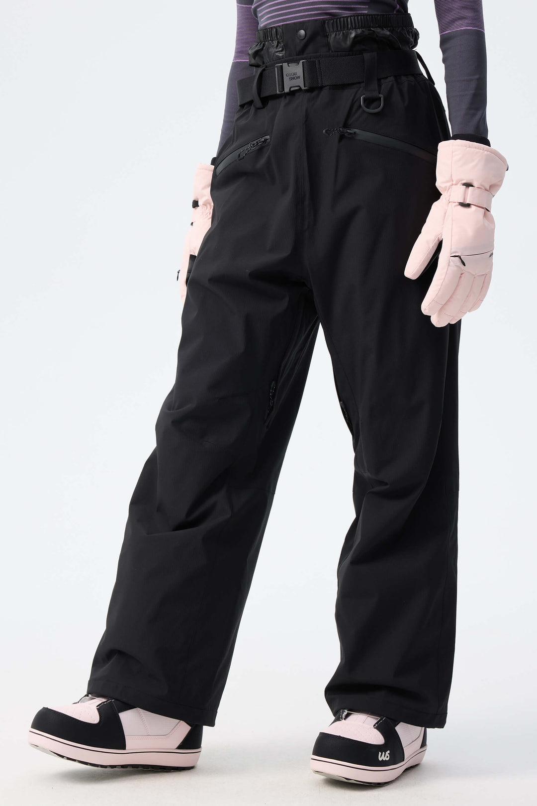 Women's Light Grey Utility Belted Baggy Insulated Snow Pants