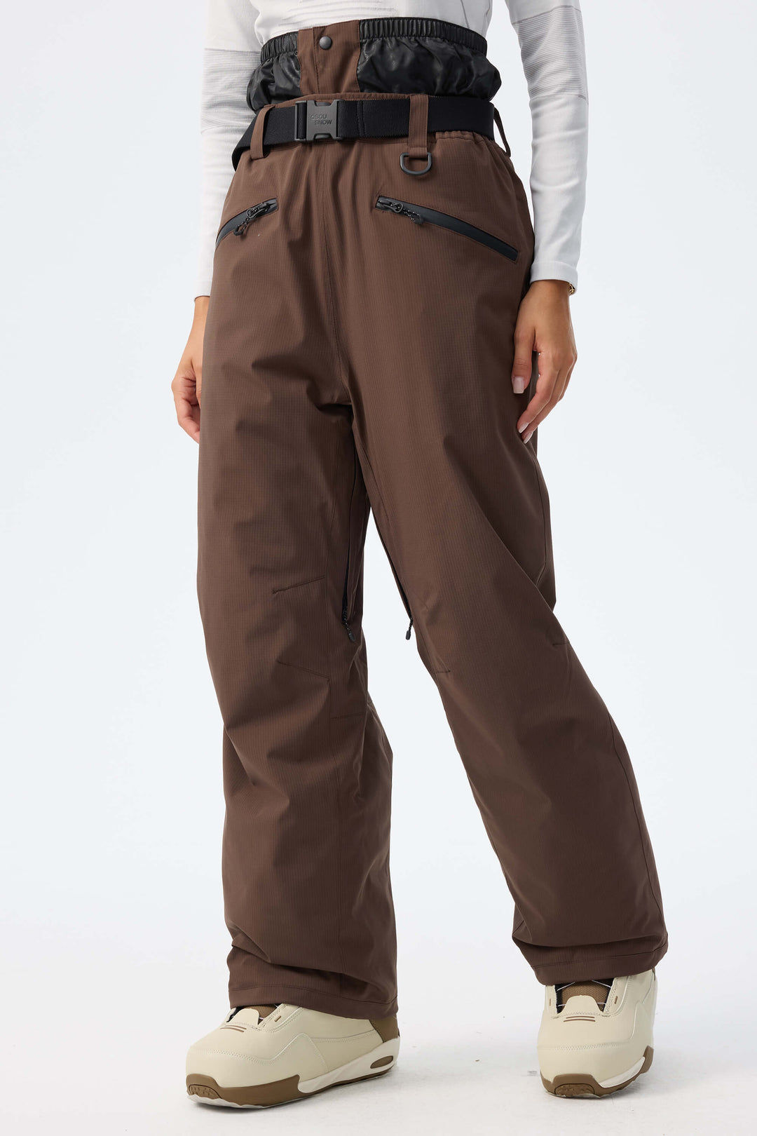 Women's Light Grey Utility Belted Baggy Insulated Snow Pants