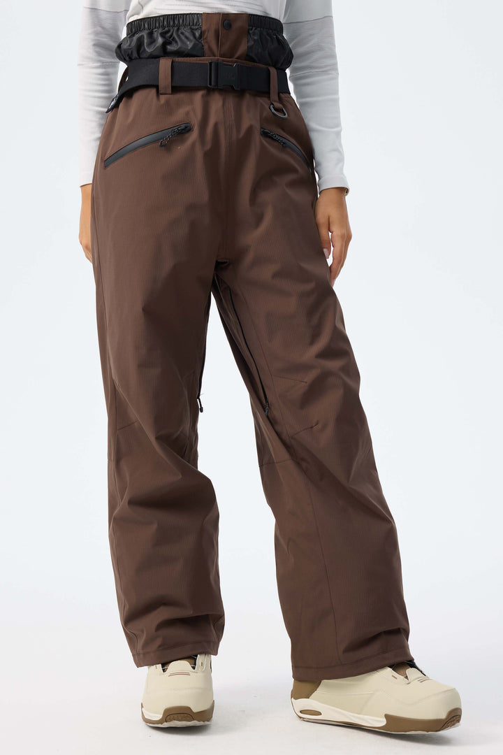 Women's Brown Utility Belted Baggy Insulated Snow Pants