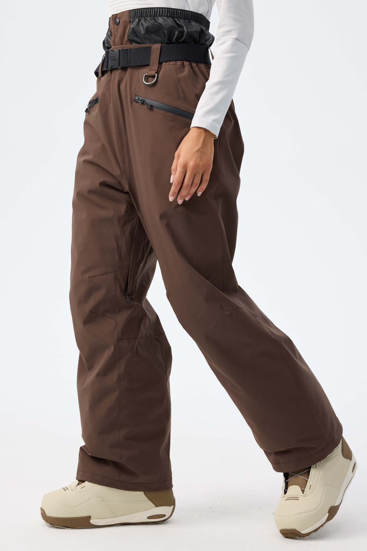 Women's Brown Utility Belted Baggy Insulated Snow Pants