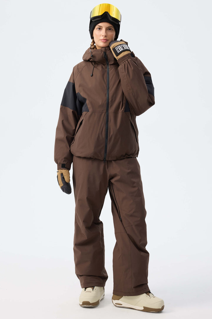 Women's Brown Utility Belted Baggy Insulated Snow Pants