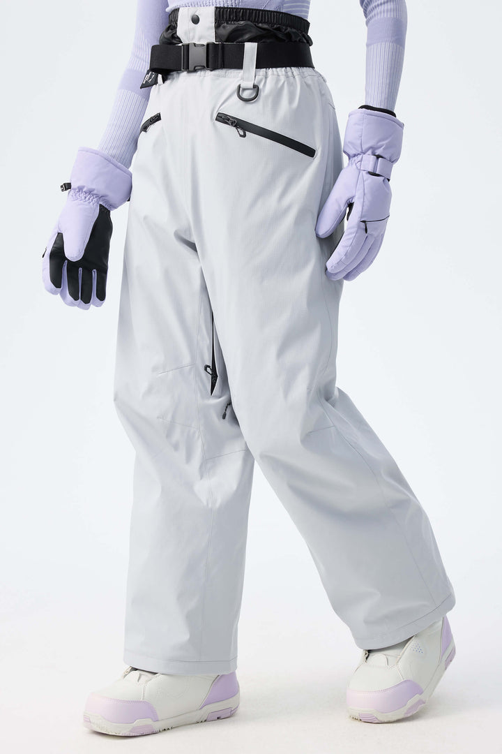Women's Light Grey Utility Belted Baggy Insulated Snow Pants