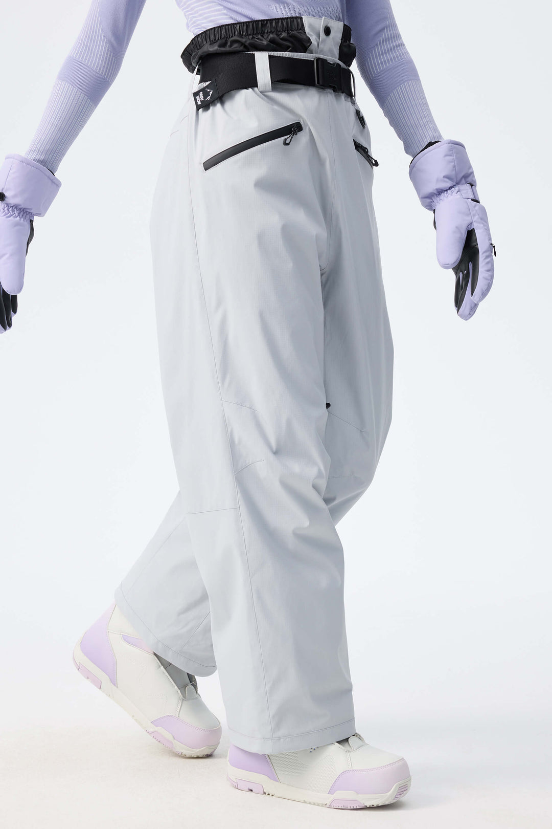 Women's Light Grey Utility Belted Baggy Insulated Snow Pants