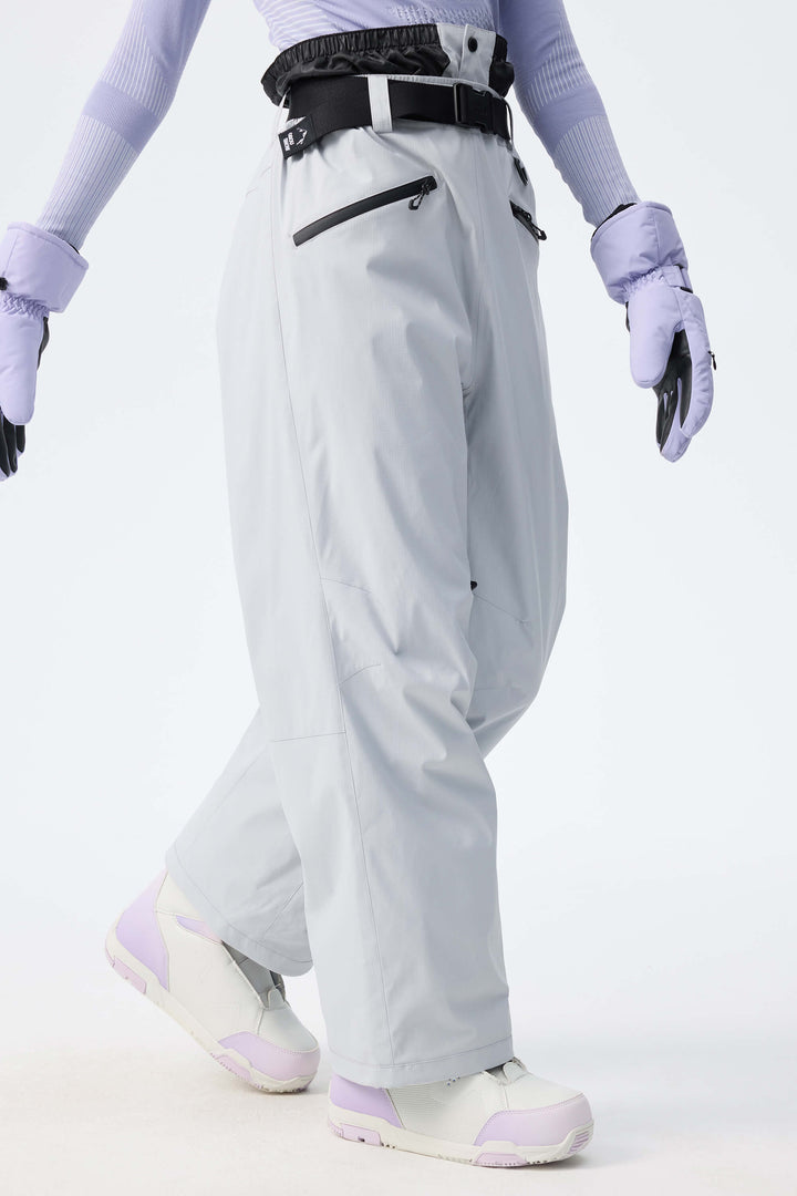 Women's Light Grey Utility Belted Baggy Insulated Snow Pants