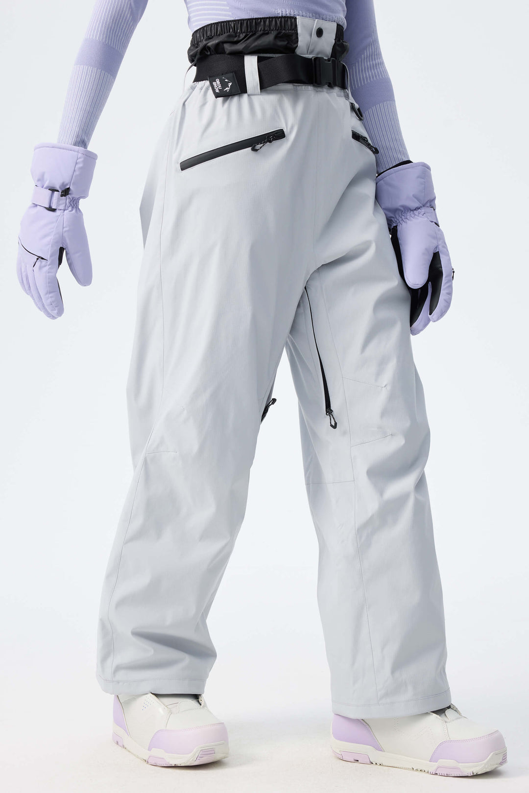 Women's Light Grey Utility Belted Baggy Insulated Snow Pants