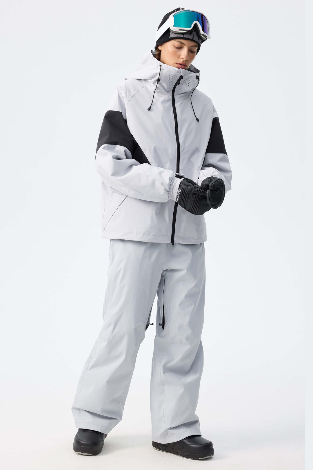 Women's Light Grey Utility Belted Baggy Insulated Snow Pants