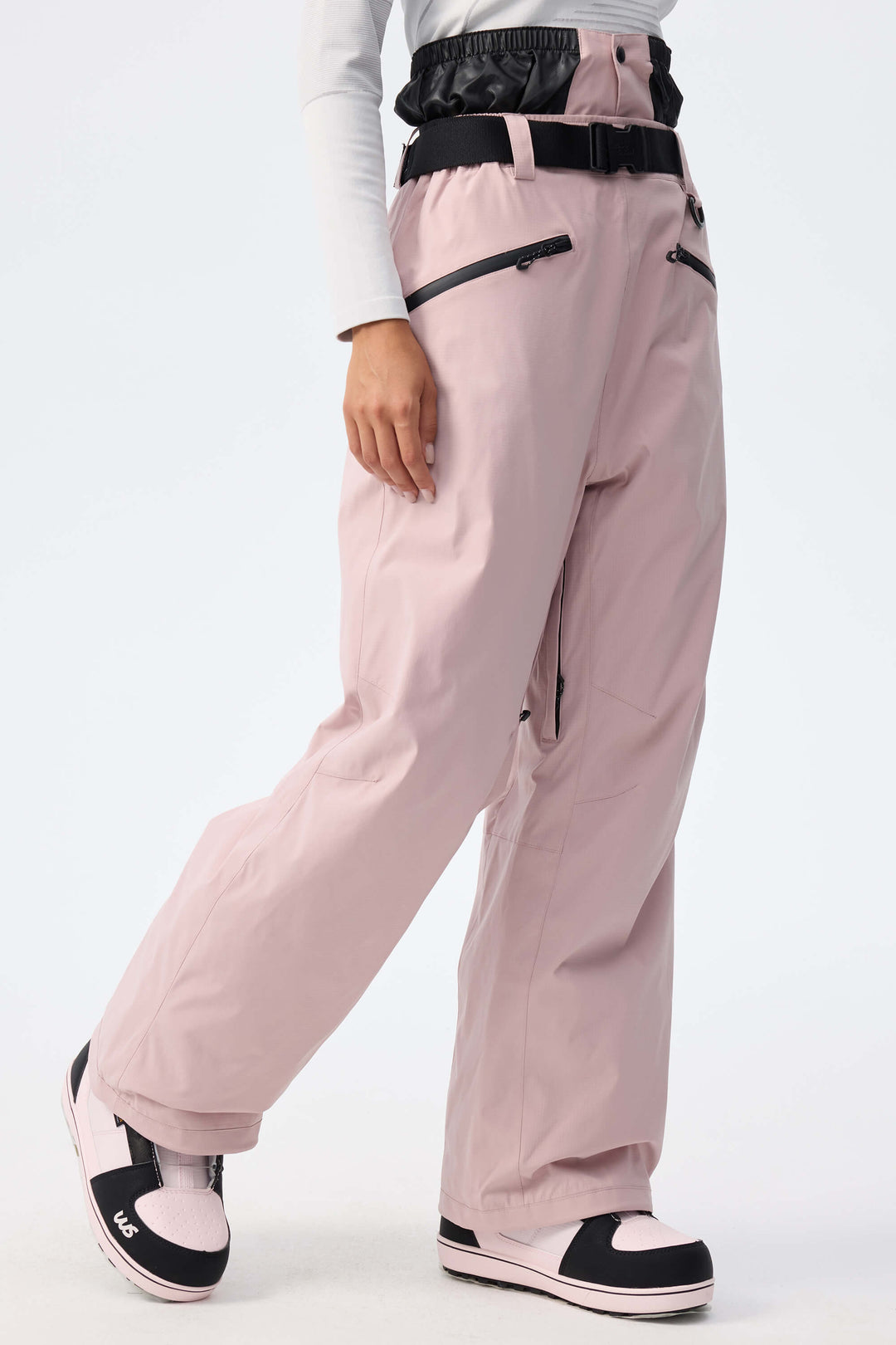 Women's Pink Utility Belted Baggy Insulated Snow Pants