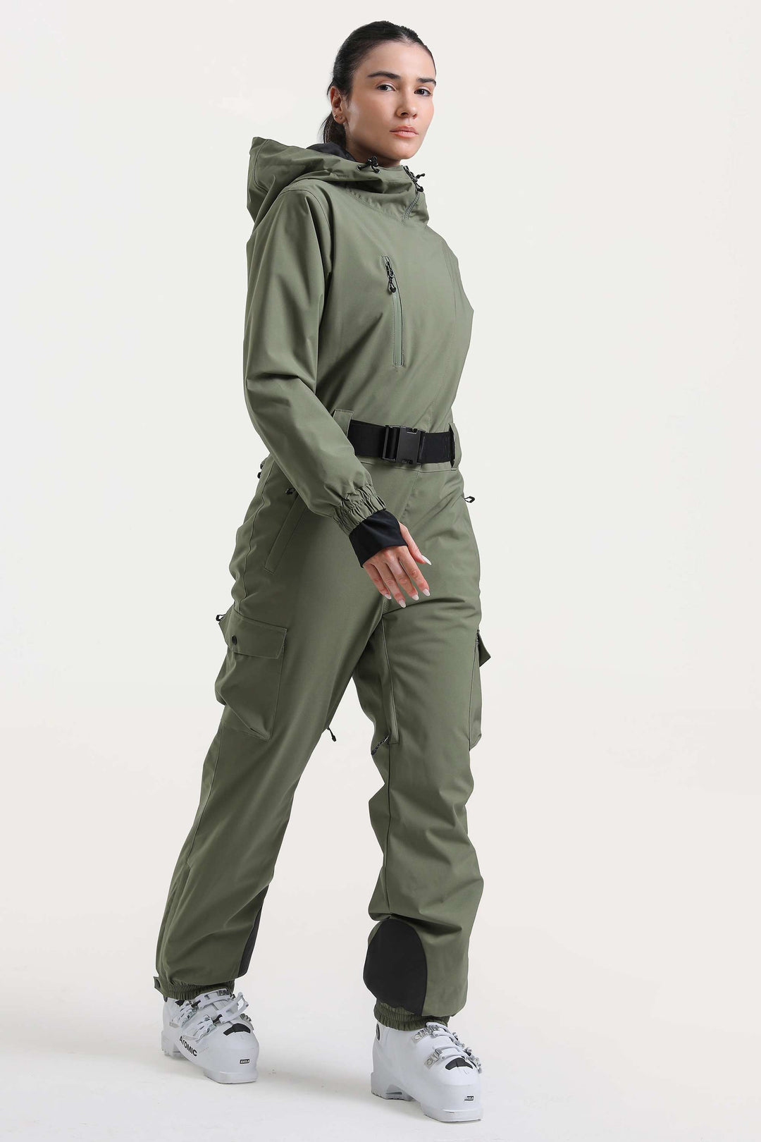 Off-White isolierter, wasserdichter, einteiliger Skianzug mit asymmetrischem Design und Gürtel für Damen 