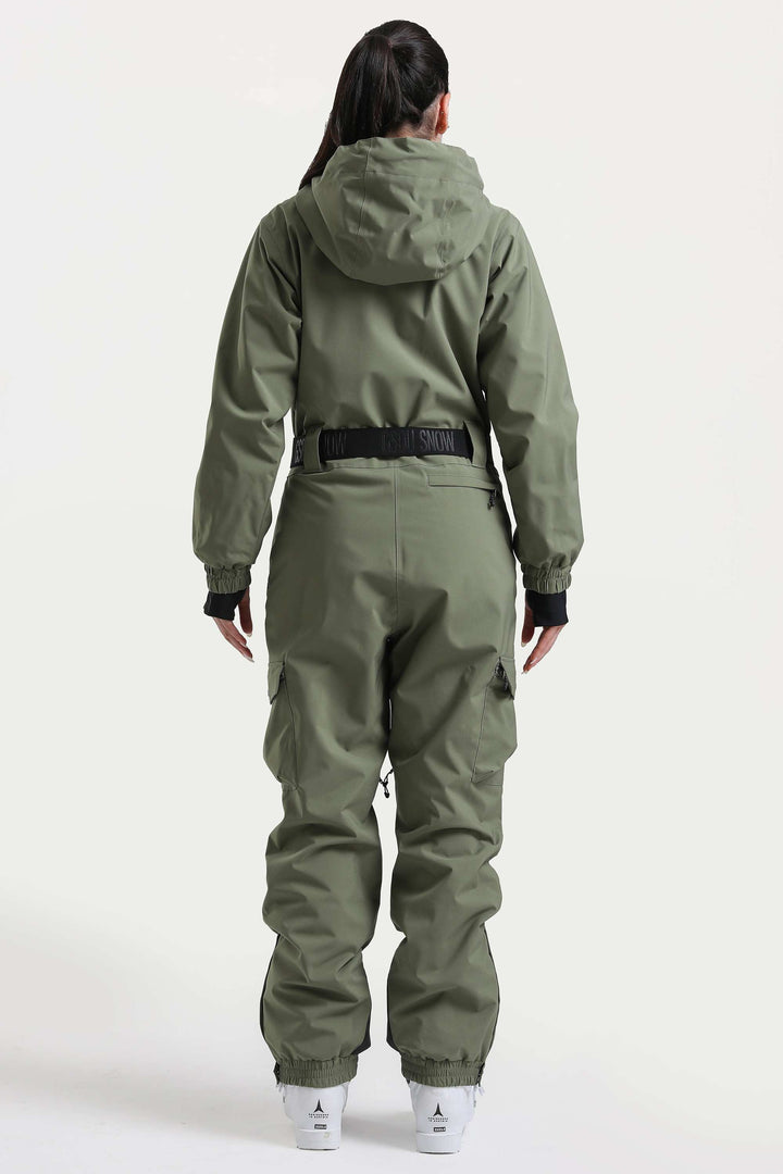 Brauner isolierter, wasserdichter einteiliger Skianzug mit asymmetrischem Design und Gürtel für Damen