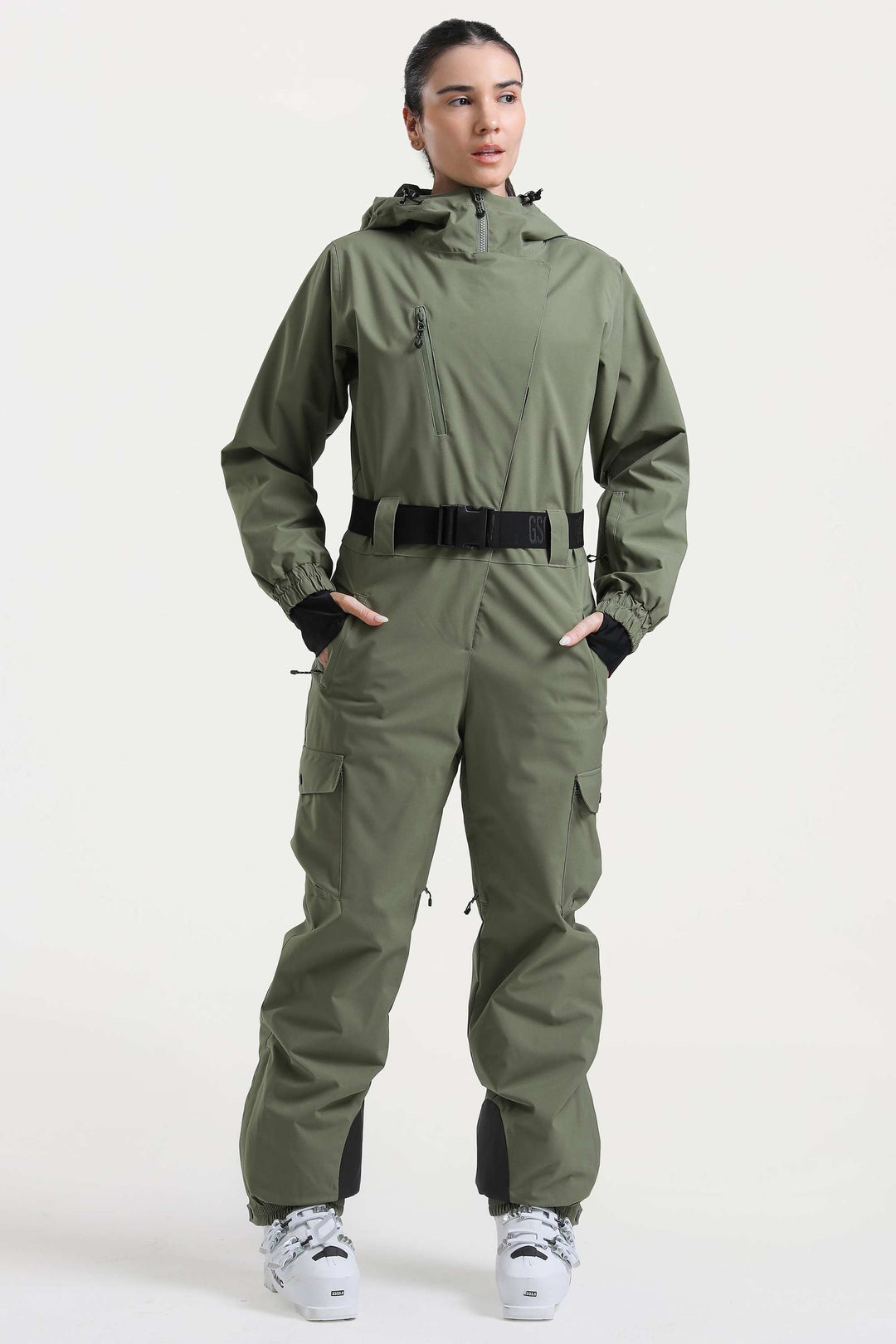 Brauner isolierter, wasserdichter einteiliger Skianzug mit asymmetrischem Design und Gürtel für Damen