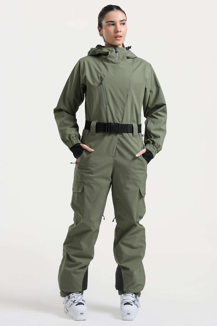 Brauner isolierter, wasserdichter einteiliger Skianzug mit asymmetrischem Design und Gürtel für Damen